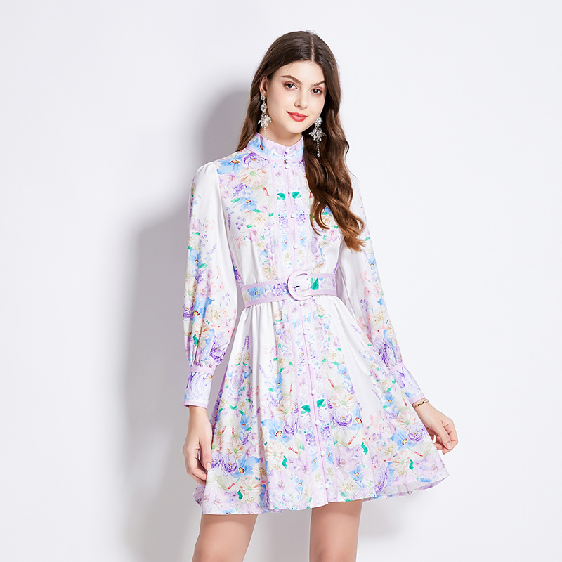 Pinched waist spring retro lantern sleeve dress