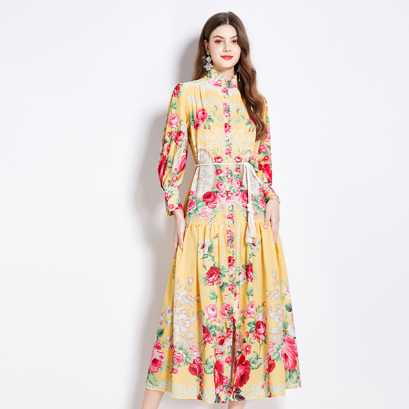 National style lantern sleeve flowers dress