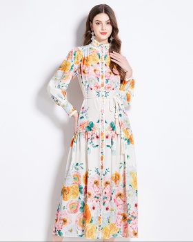 Cstand collar spring and summer flowers printing dress