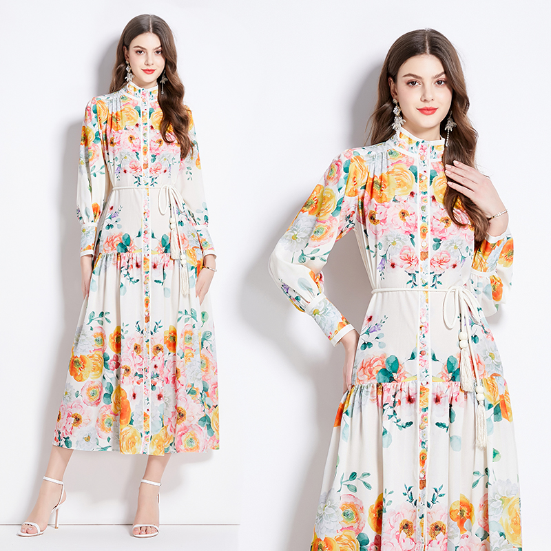 Cstand collar spring and summer flowers printing dress