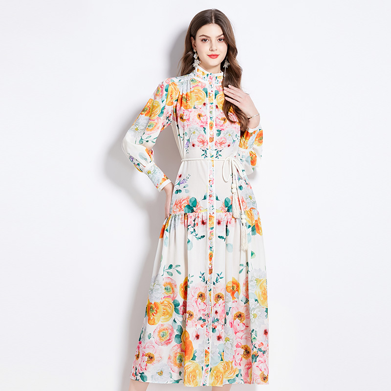 Cstand collar spring and summer flowers printing dress