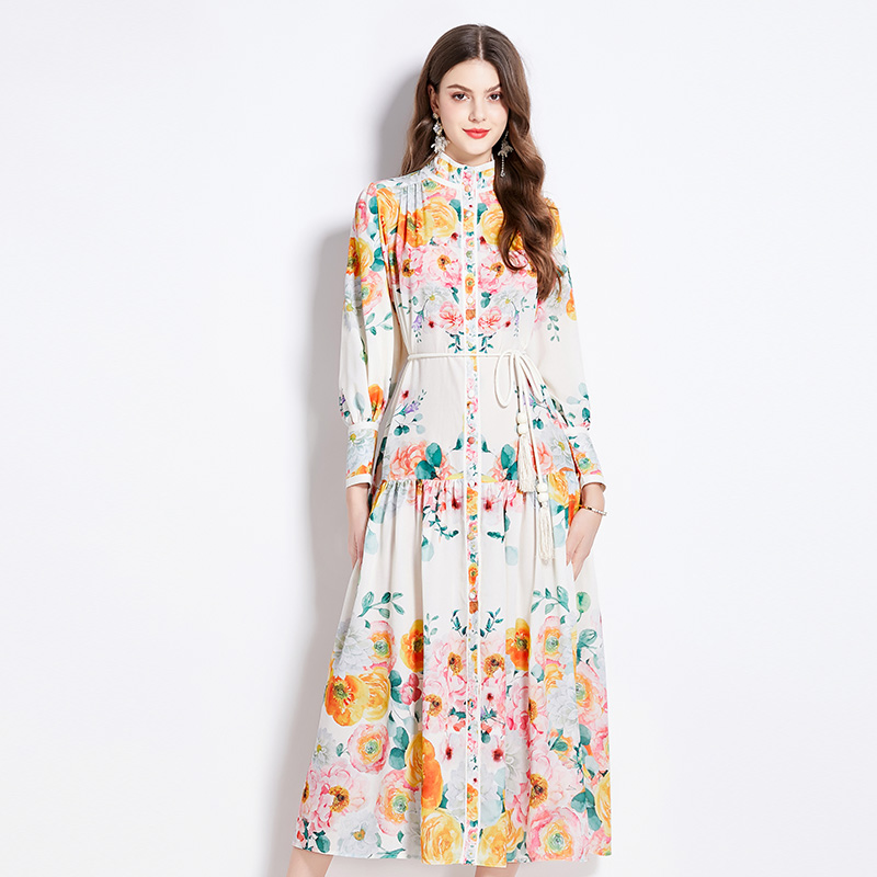 Cstand collar spring and summer flowers printing dress