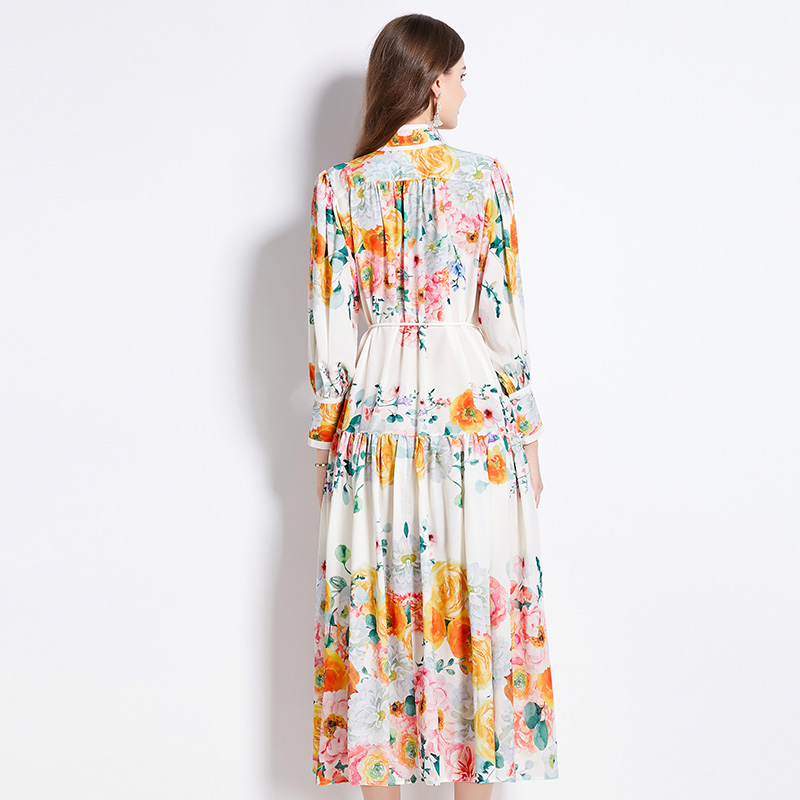 Cstand collar spring and summer flowers printing dress