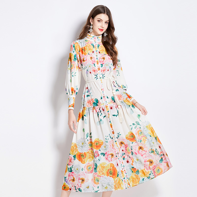 Cstand collar spring and summer flowers printing dress