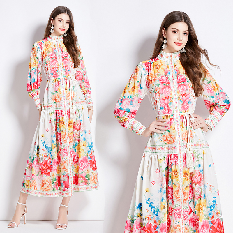 Retro lantern sleeve spring and summer printing dress