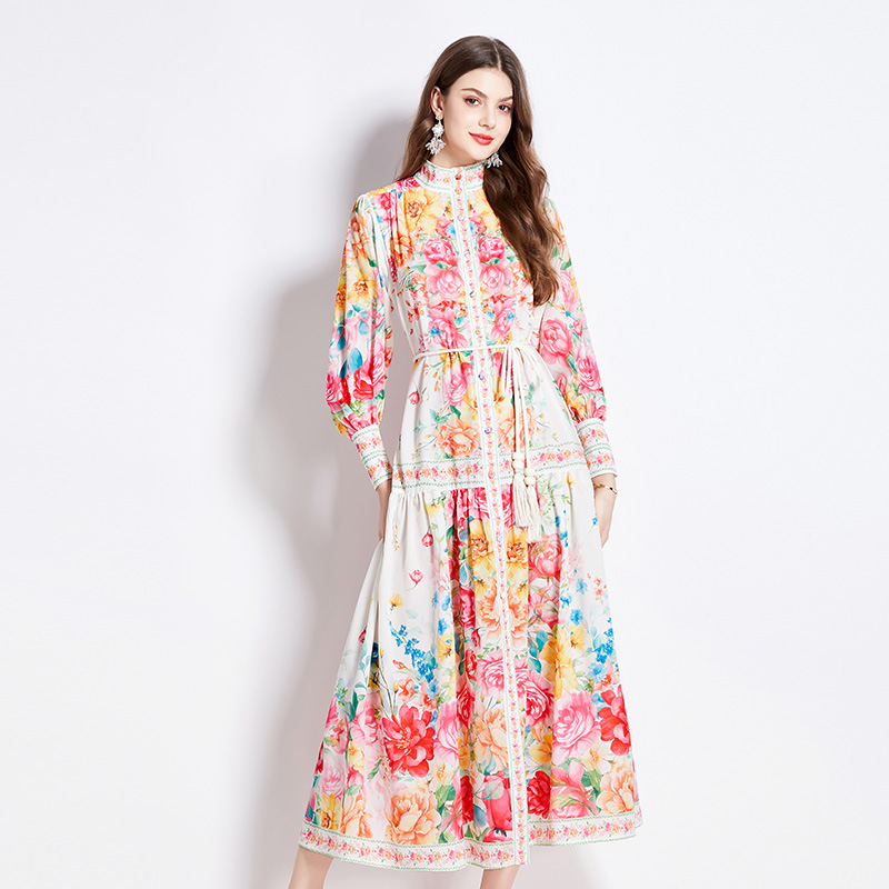 Retro lantern sleeve spring and summer printing dress