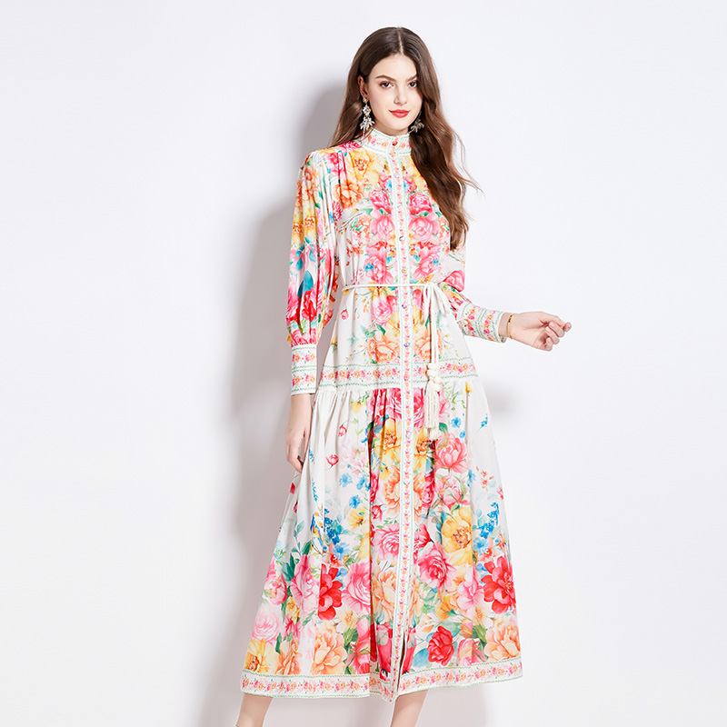 Retro lantern sleeve spring and summer printing dress