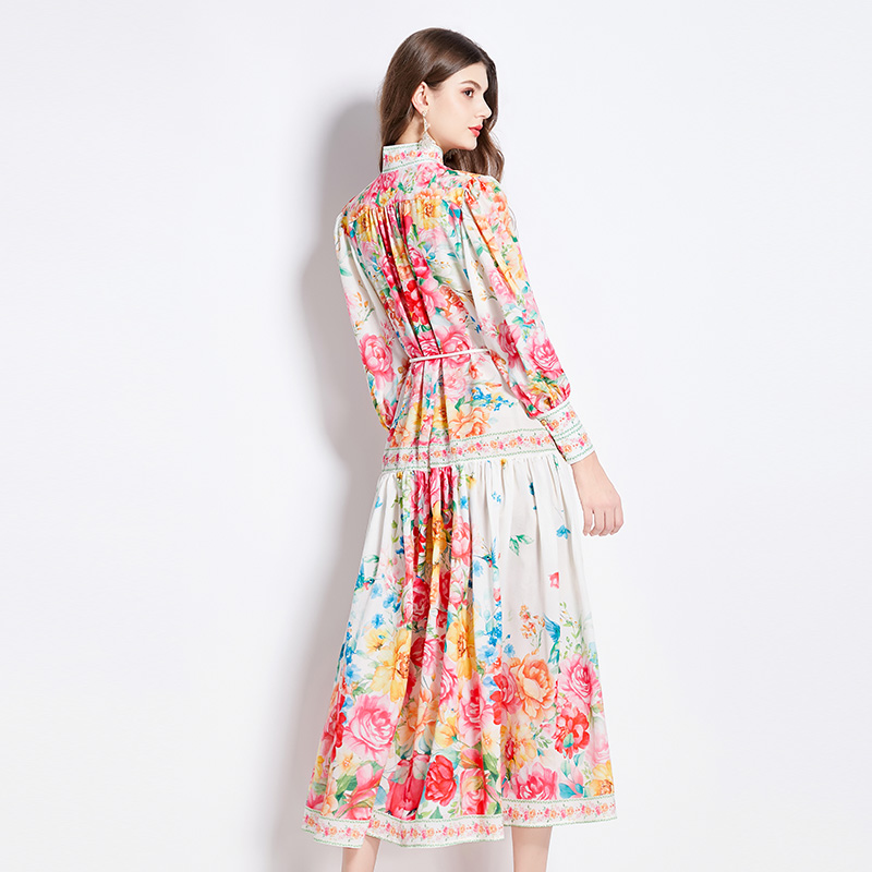 Retro lantern sleeve spring and summer printing dress