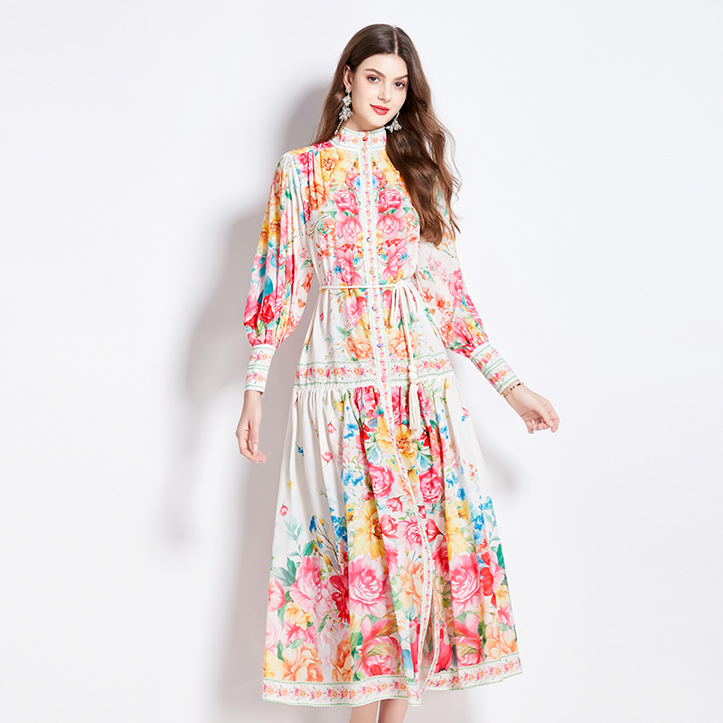 Retro lantern sleeve spring and summer printing dress