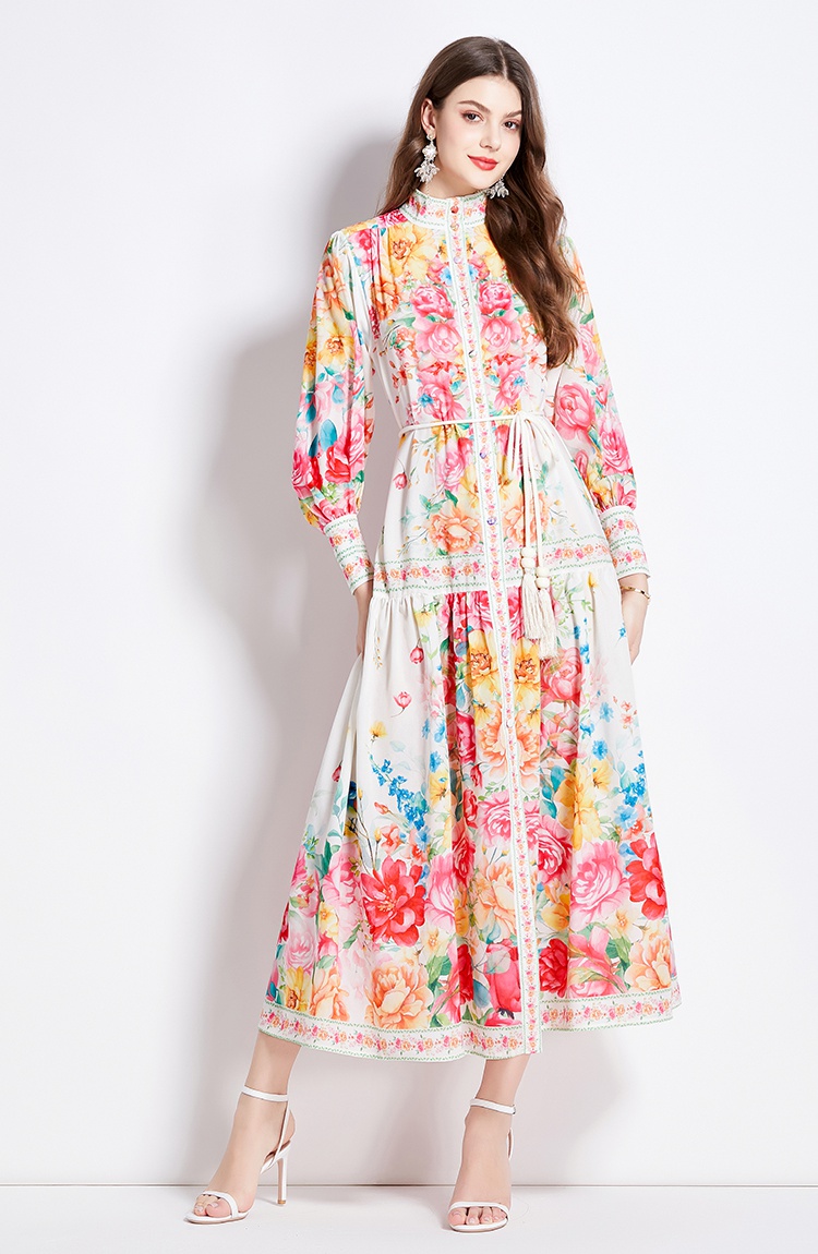 Retro lantern sleeve spring and summer printing dress