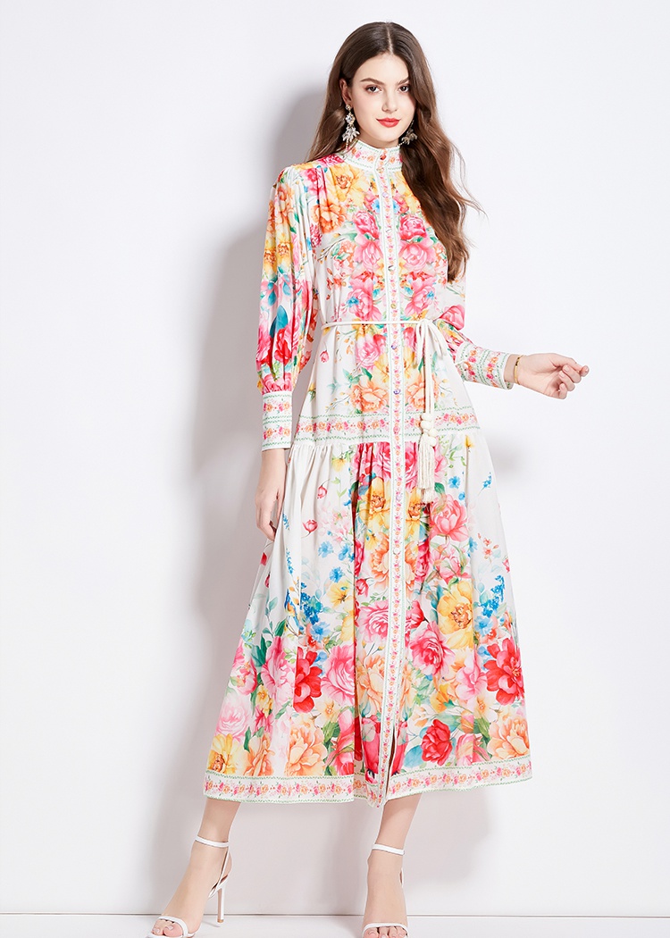 Retro lantern sleeve spring and summer printing dress