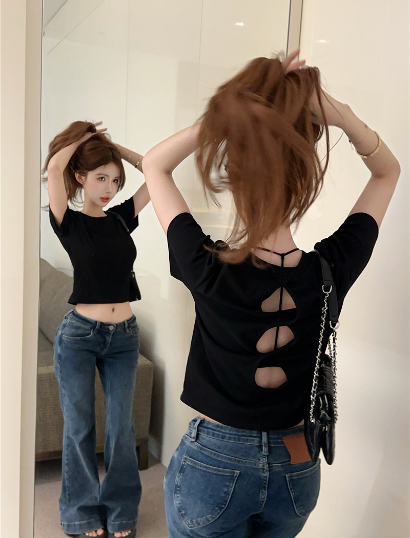 Summer halter short sleeve T-shirt black slim short tops