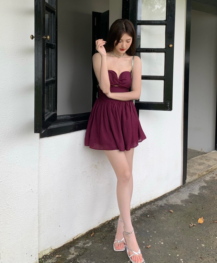 Seaside purple strap dress hollow vacation dress