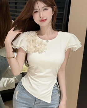 France style round neck flowers T-shirt for women