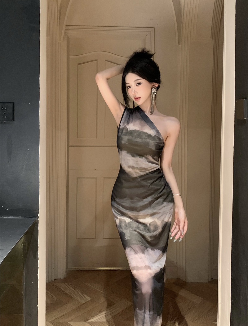 Package hip ink dress temperament tie dye long dress