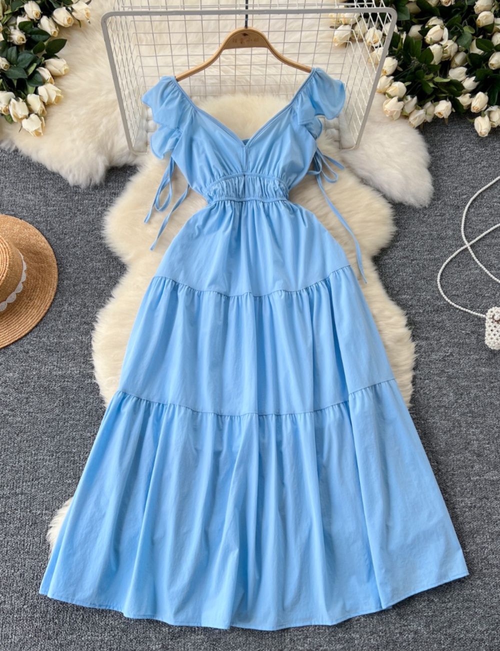 Halter slim dress sweet lotus leaf edges long dress