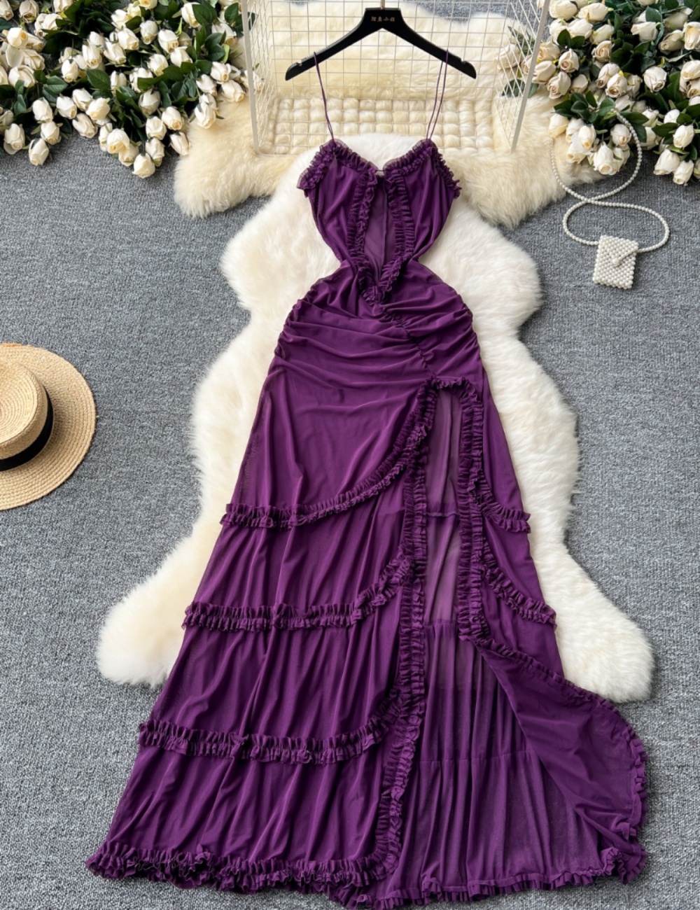 Package hip fold dress sling hollow long dress for women