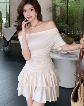 Simple A-line tops flat shoulder summer dress 2pcs set