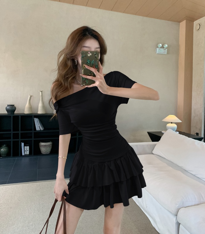 Simple A-line tops flat shoulder summer dress 2pcs set