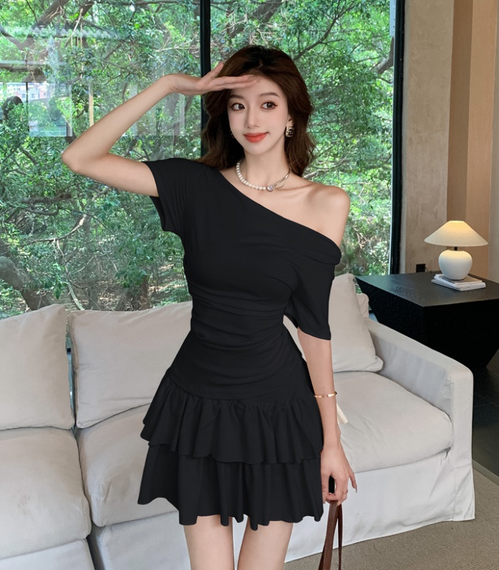 Simple A-line tops flat shoulder summer dress 2pcs set