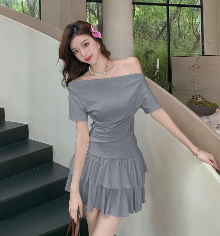 Simple A-line tops flat shoulder summer dress 2pcs set