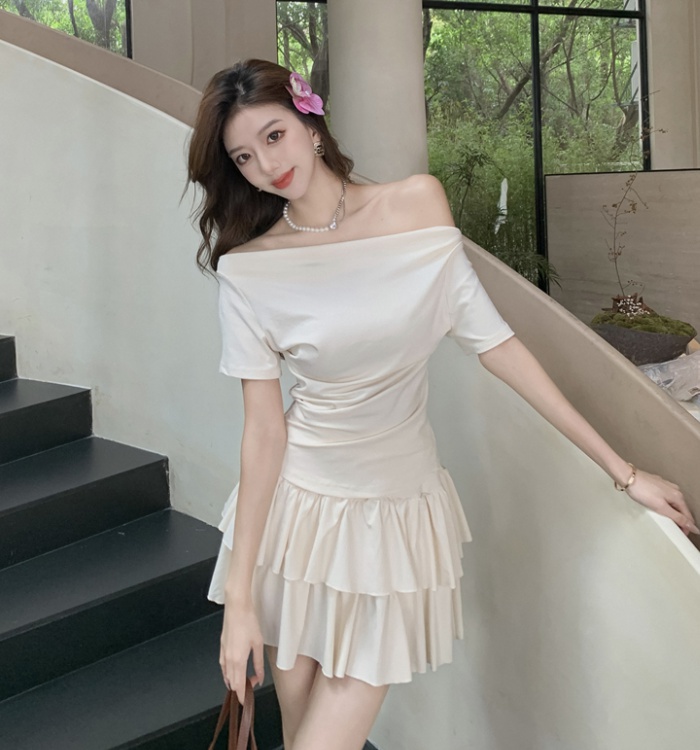 Simple A-line tops flat shoulder summer dress 2pcs set