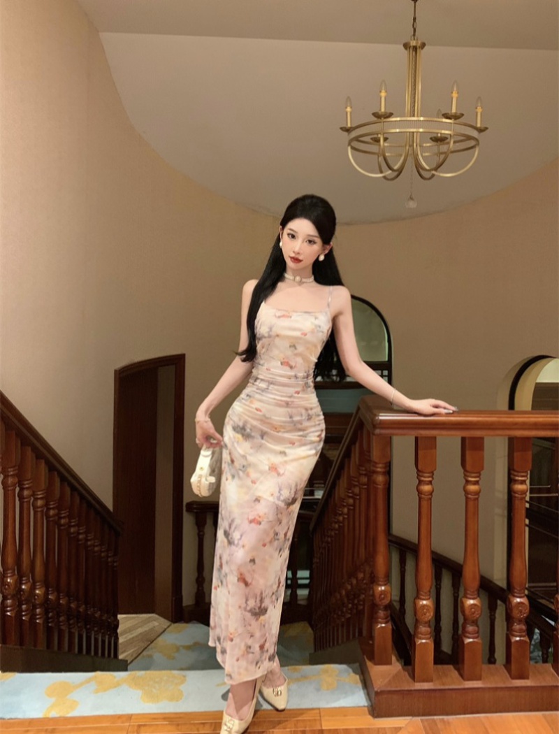 Sexy printing dress sling gauze long dress