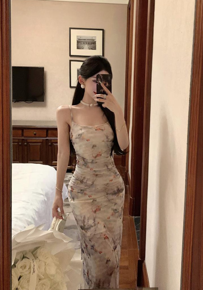 Sexy printing dress sling gauze long dress