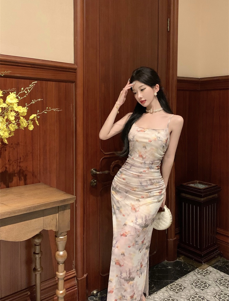 Sexy printing dress sling gauze long dress