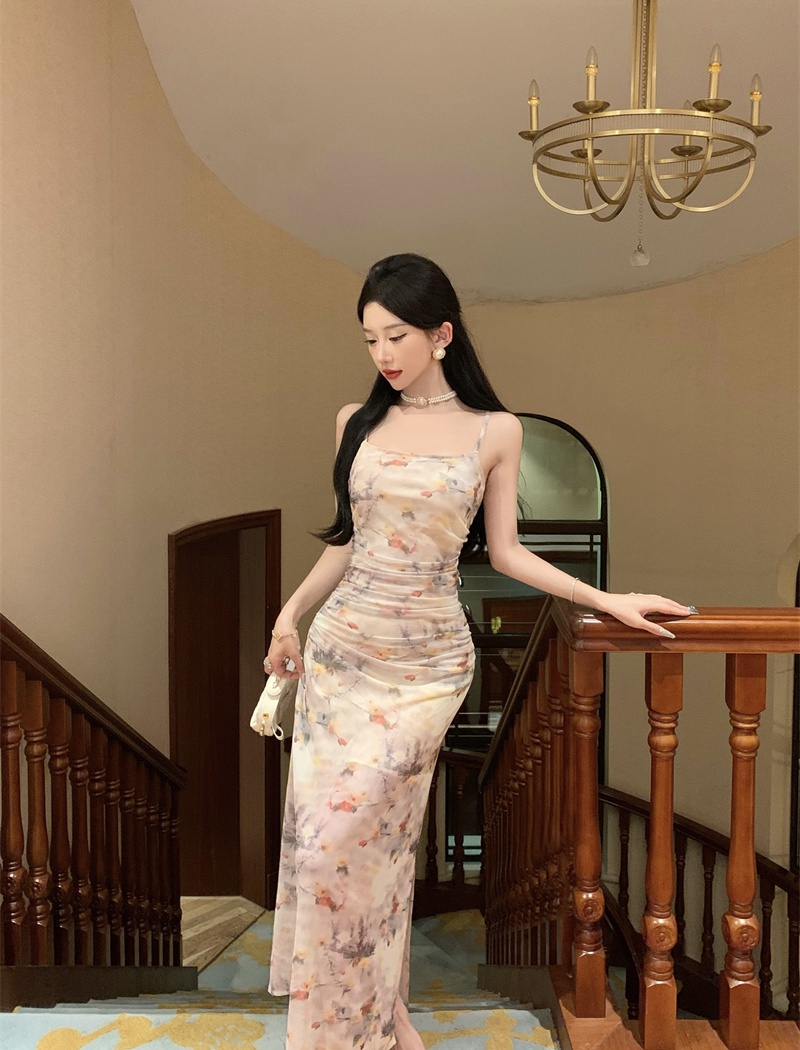 Sexy printing dress sling gauze long dress