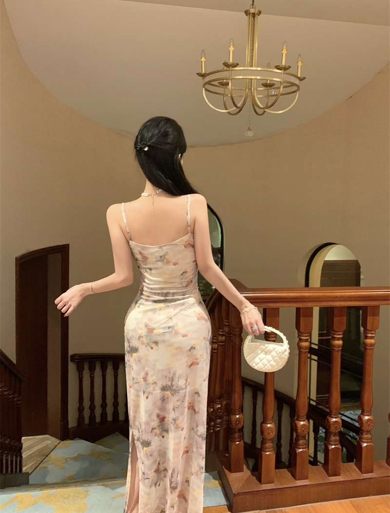 Sexy printing dress sling gauze long dress