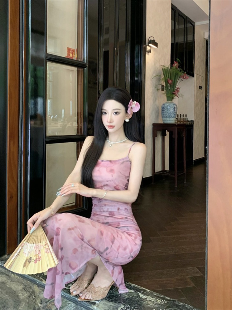 Blooming enticement long dress package hip gauze dress