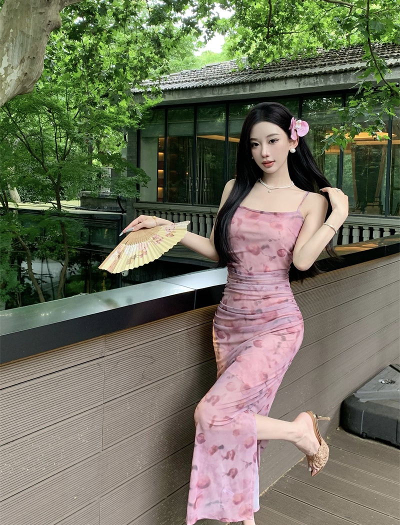 Blooming enticement long dress package hip gauze dress