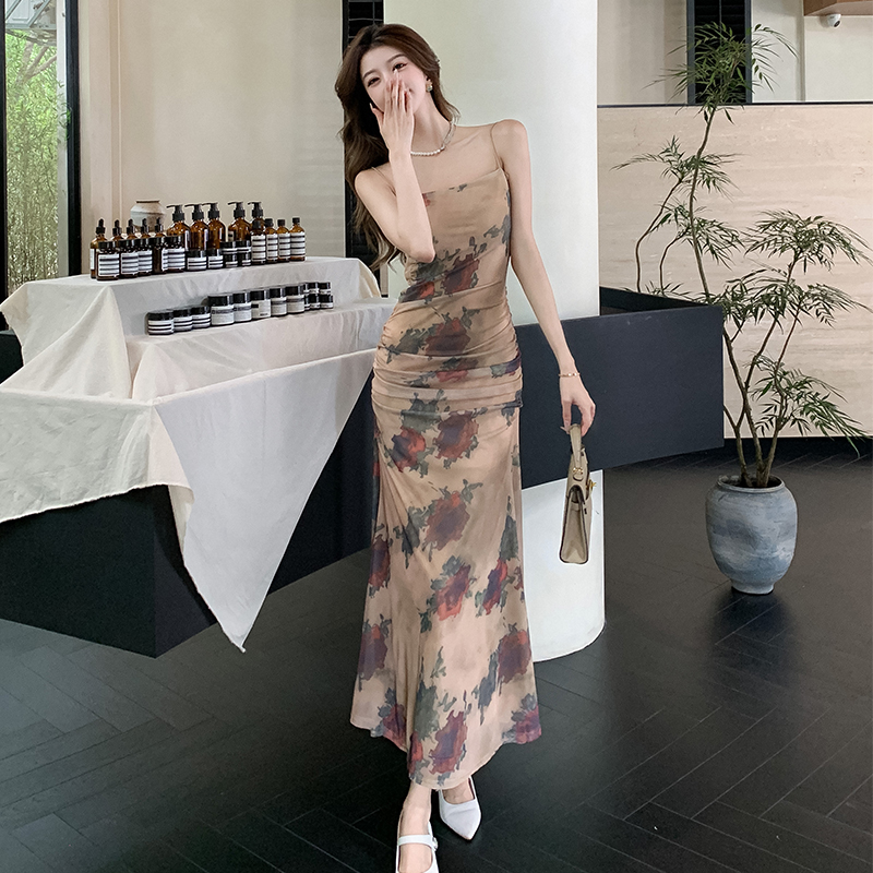 Sling niche dress printing rose long dress for women