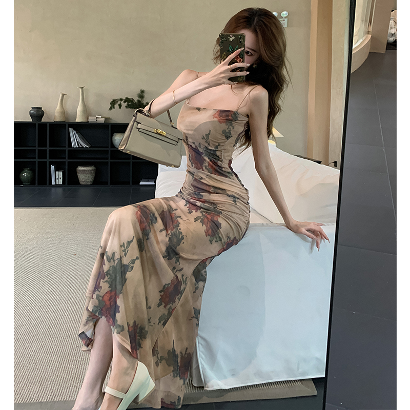 Sling niche dress printing rose long dress for women