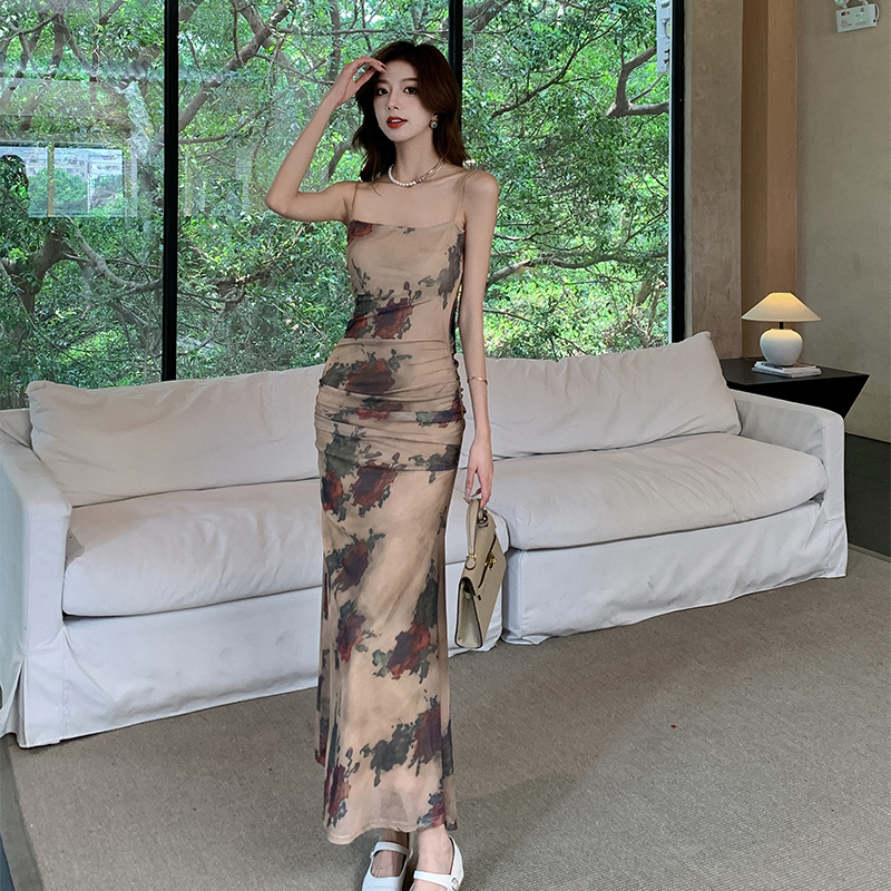 Sling niche dress printing rose long dress for women