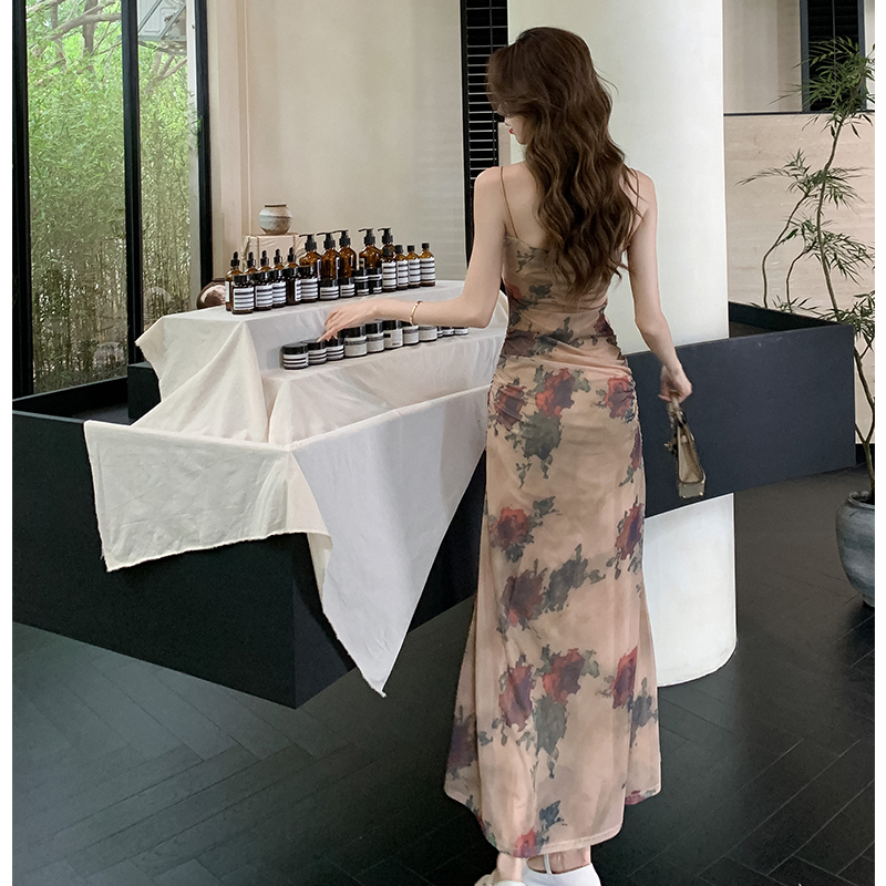 Sling niche dress printing rose long dress for women