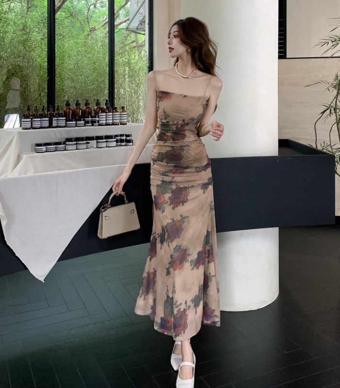 Sling niche dress printing rose long dress for women