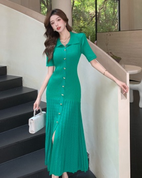 France style pinched waist dress green slim long dress