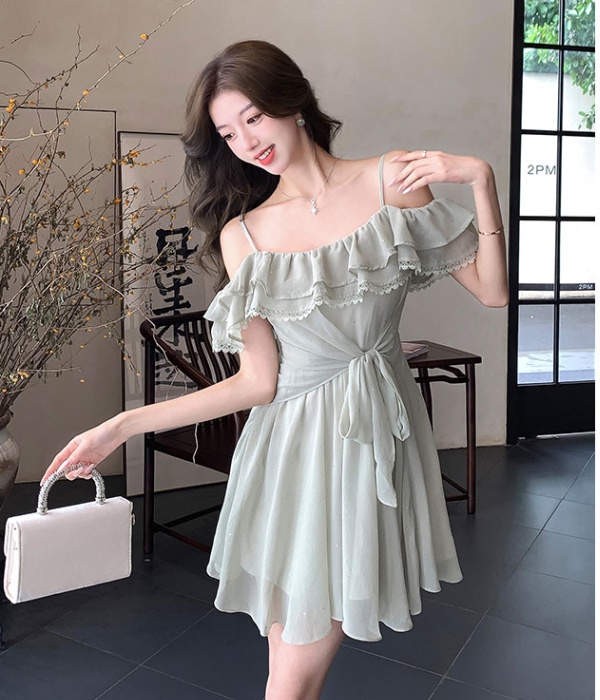 France style sling temperament flat shoulder slim dress