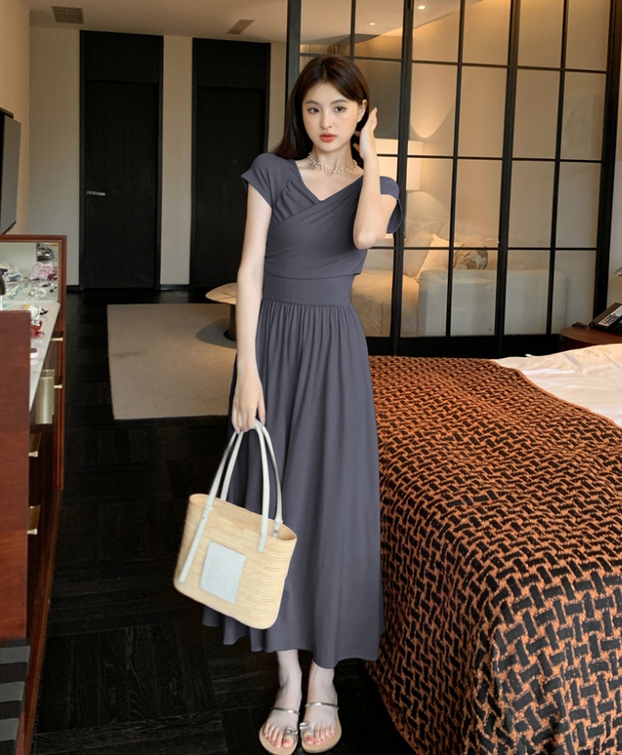 Flat shoulder collar France style summer temperament dress