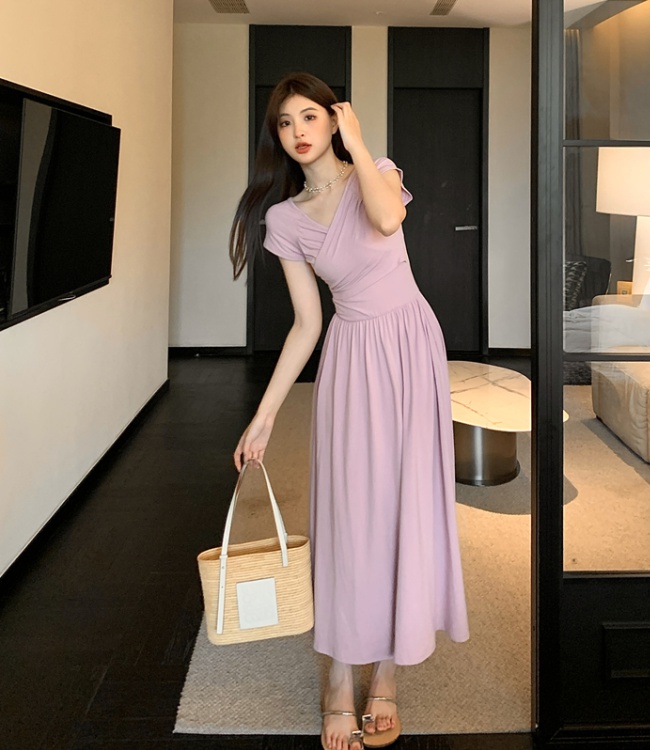 Flat shoulder collar France style summer temperament dress