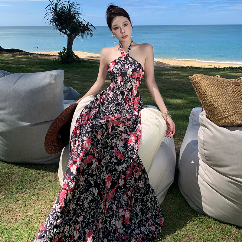 Floral ladies dress summer halter long dress