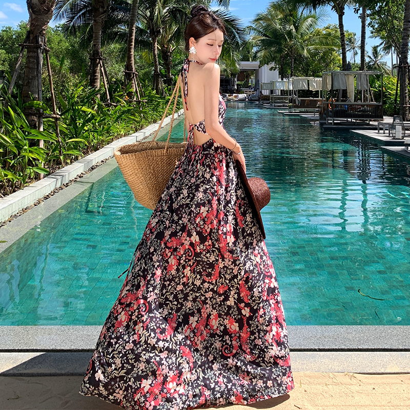 Floral ladies dress summer halter long dress