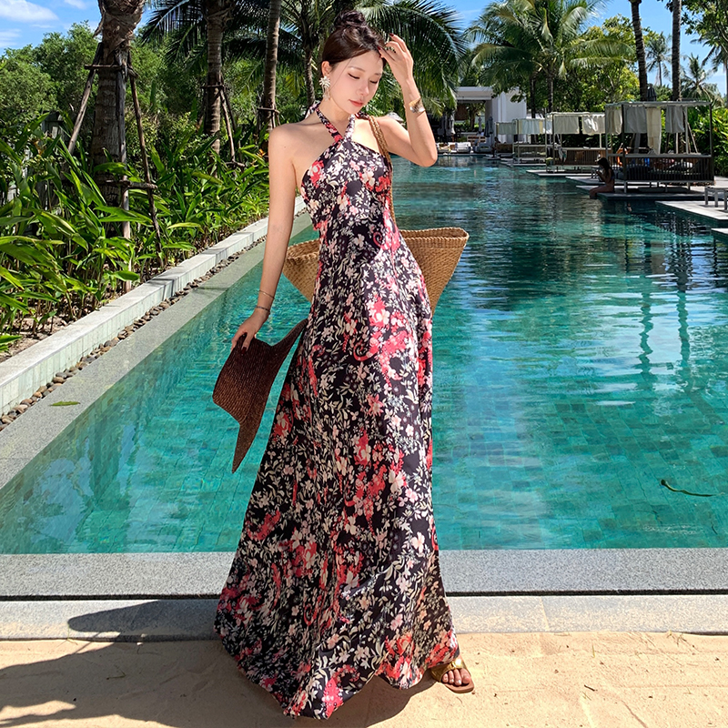 Floral ladies dress summer halter long dress