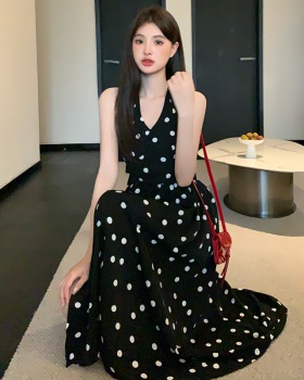 Polka dot Chinese style pinched waist temperament dress