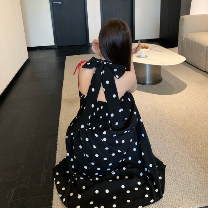 Polka dot Chinese style pinched waist temperament dress