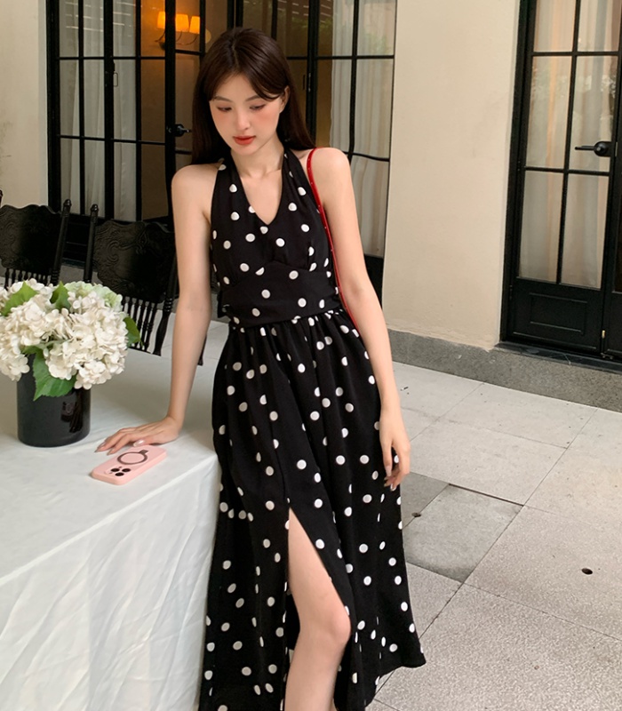 Polka dot Chinese style pinched waist temperament dress