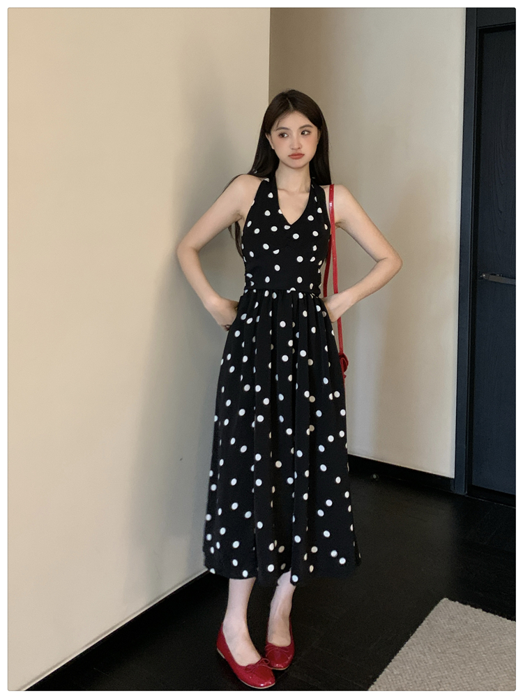 Polka dot Chinese style pinched waist temperament dress