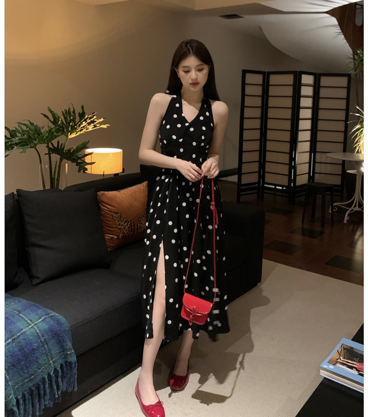 Polka dot Chinese style pinched waist temperament dress